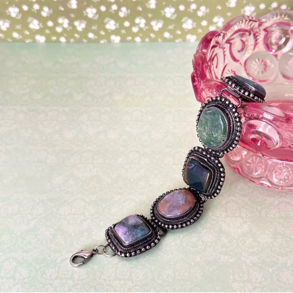 Vintage Silver and Multicolor Stone Bracelet - Picture 2 of 11